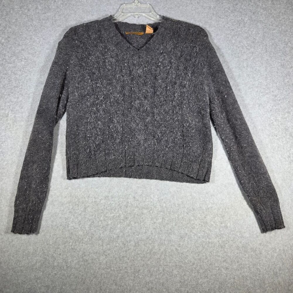 Blue Asphalt Womens L Charcoal Gray Silk Angora Blend V-Neck Cropped Sweater